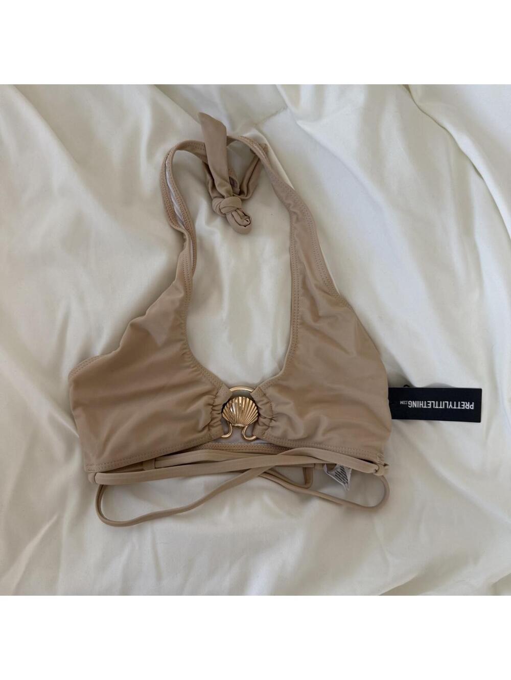 Pretty little thing tan + gold seashell halter bikini top NTW